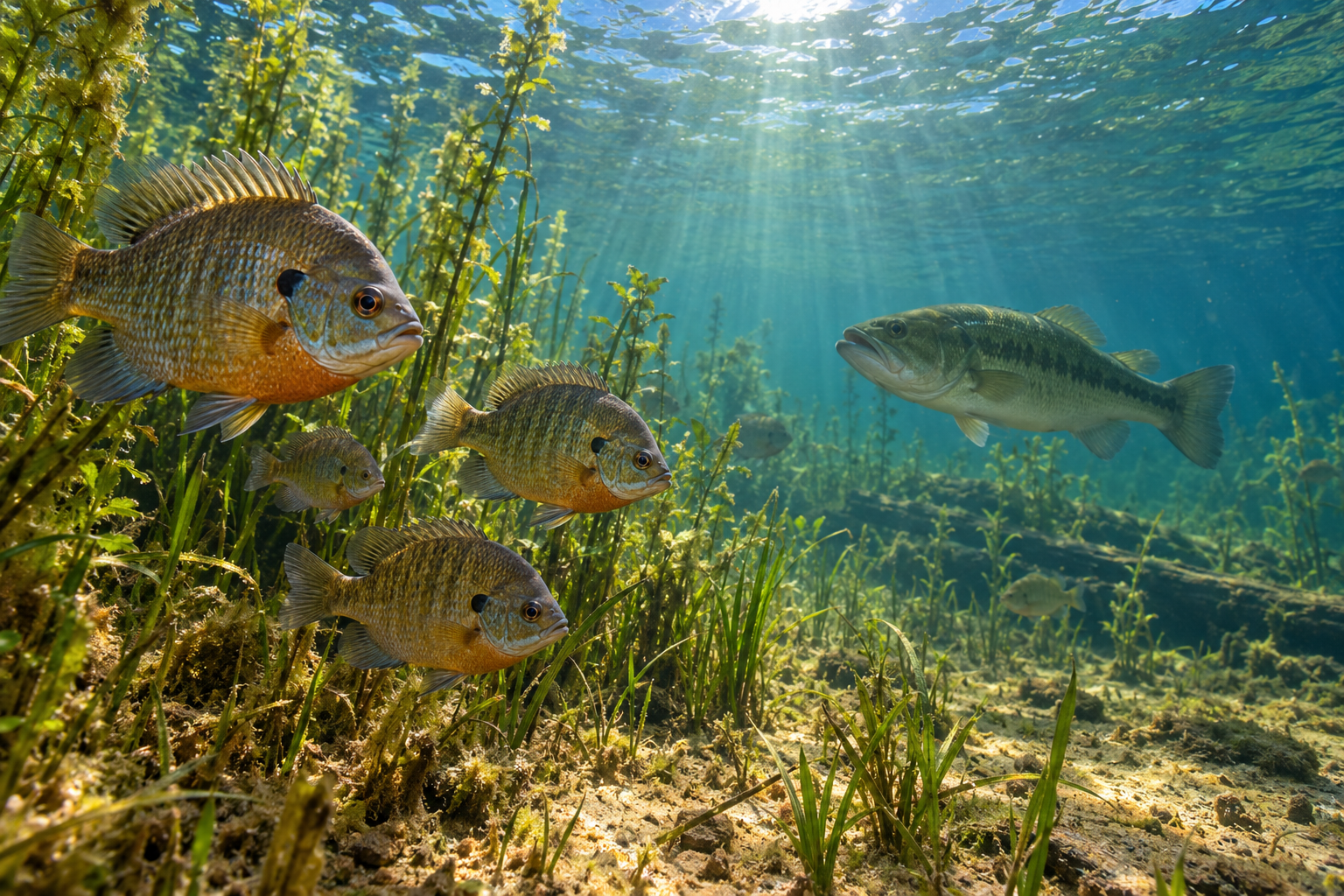 AI-created underwater pond ecosystem showing bluegill, largemouth bass, aquatic vegetation, and sunlight at the water surface