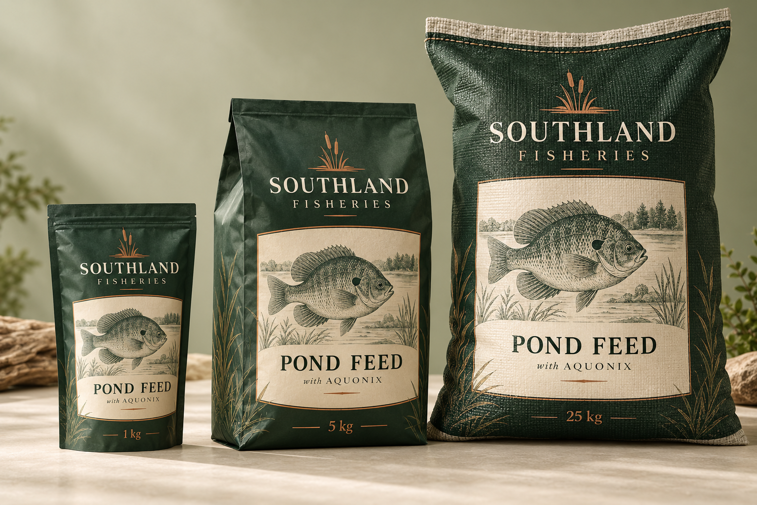 Conceptual Southland Fisheries pond feed packaging in small, medium, and wholesale formats