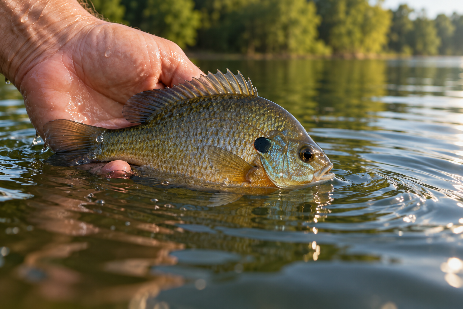 Illustrative image of a bluegill being gently released into a pond